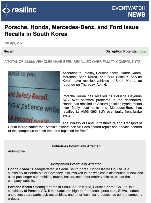 Image of the update view of an EventWatchAI 5.0 News Alert. The title of this alert is "Porsche, Hone, Mercedes-Benz, and Ford Issue Recalls in South Korea." 